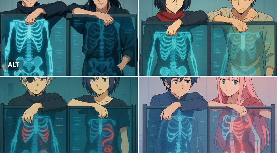 A futuristic anime scene of two characters casually leaning behind a glowing transparent X-ray scanning panel, shown as stylized semi-transparent full-body scans with sci-fi interface overlays in a sterile high-tech medical chamber.