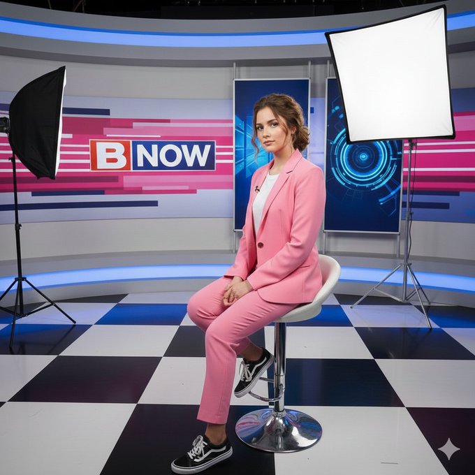 A candid, high-key studio portrait of a young Western woman in a bubblegum pink suit seated on a white swivel bar stool, framed by LED branding and a blue circular HUD/UI panel on a professional news or talk show set.