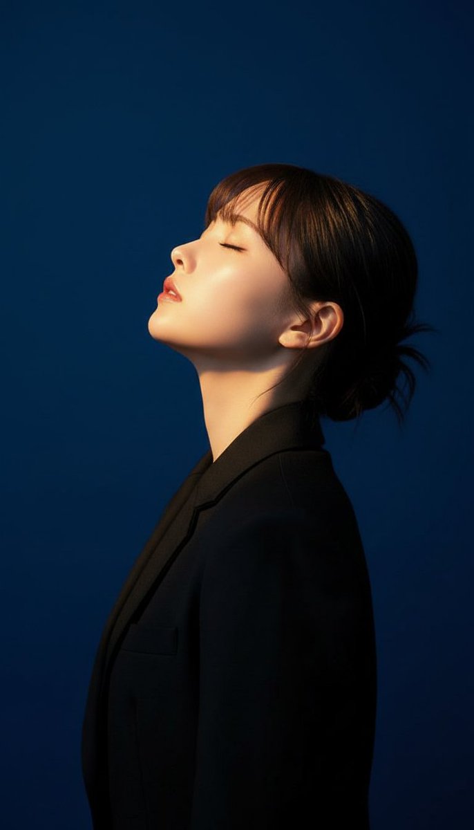A cinematic side-profile portrait of a young woman with her head tilted back and eyes closed, lit by dramatic studio lighting. Deep blue backdrop, black suit jacket, and a warm spotlight create striking contrast between cool blue shadows and orange highlights in a high-end editorial style.