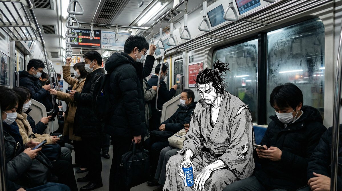 Create a cinematic, hyper-realistic Tokyo subway scene where a clean inked, black-and-white 2D manga samurai sits among real passengers and interacts with real-world lighting and objects.