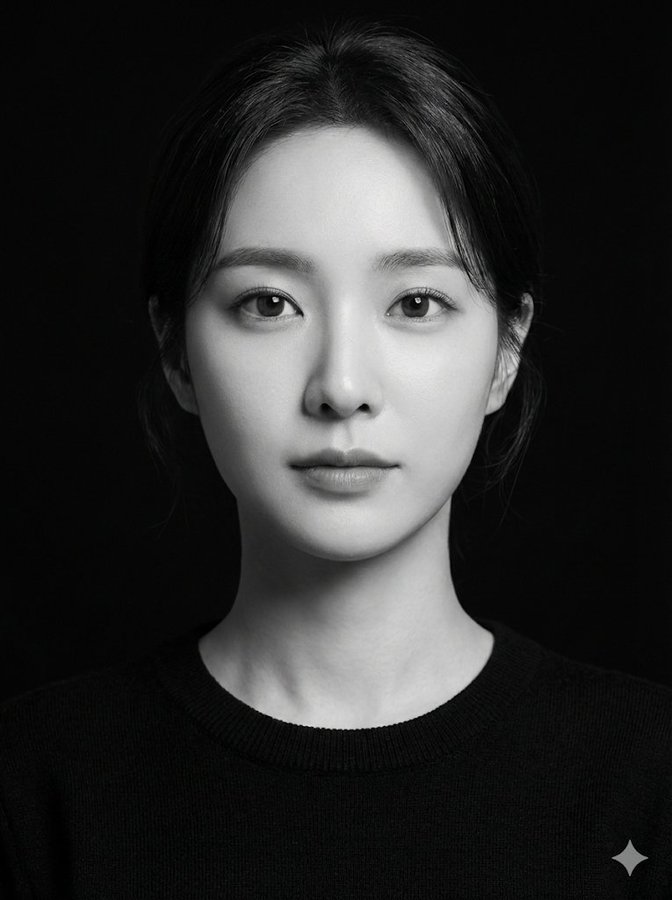 A photorealistic black-and-white studio portrait of a young woman in a plain black crew-neck sweater, facing the camera with a calm, neutral expression. Shot against a deep black background with hard-edged light from the left for crisp shadows, sharp cheekbone highlights, and ultra-detailed skin texture.