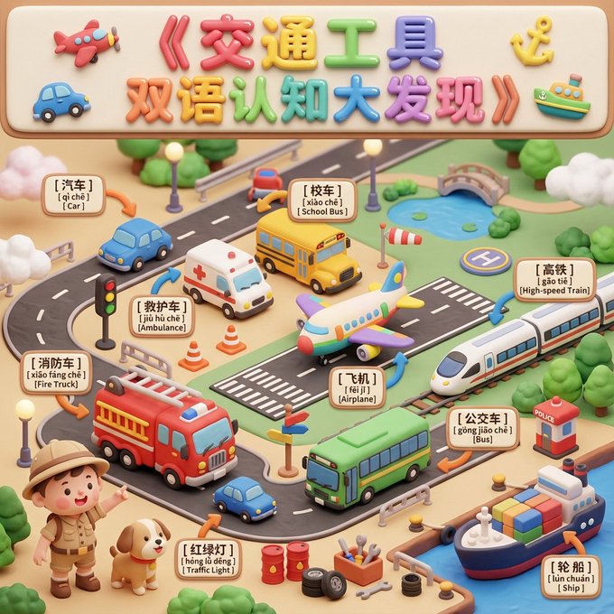 Create a publish-ready vertical A4 panoramic claymation diorama poster themed around transportation vehicles for children ages 2–5, with soft pastel lighting, rounded child-safe models, and clear bilingual (Chinese/Pinyin/English) labels with precise 3D clay arrows.