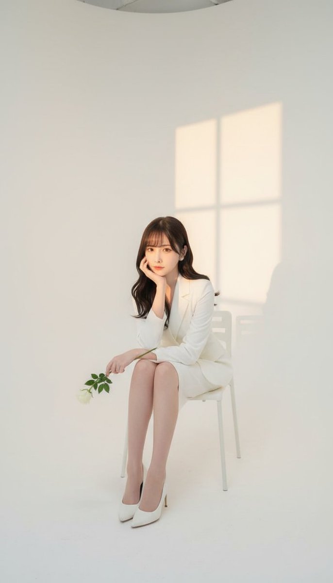 Create a front-facing fashion portrait in a professional studio with a clean white backdrop. The woman sits elegantly on a chair, wearing an all-white ensemble and holding a small white rose, with soft sunset window light projected on the wall.
