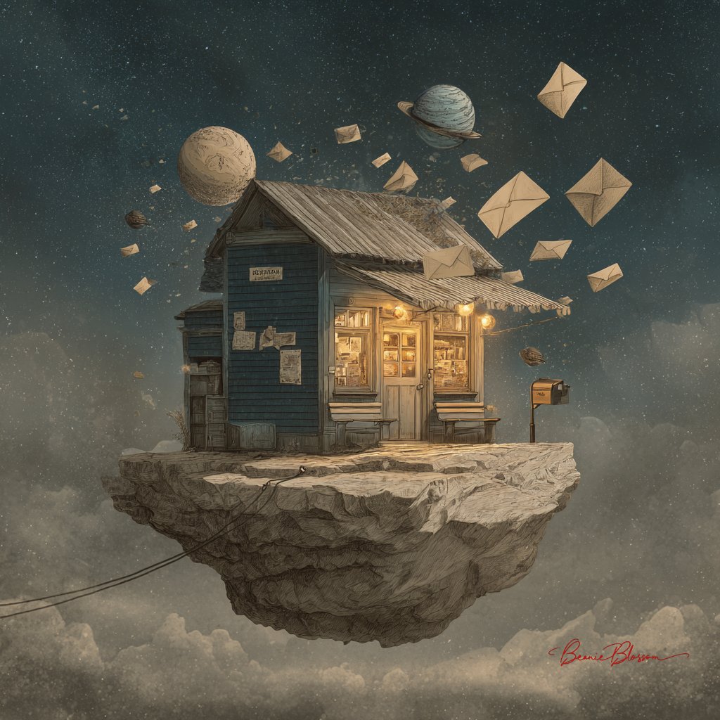 A whimsical magical-realist scene of an old-fashioned postal shack floating on a space rock, with wing-like envelopes fluttering in the air and planets queued as waiting customers. Playful, humorous, and surreal in tone.