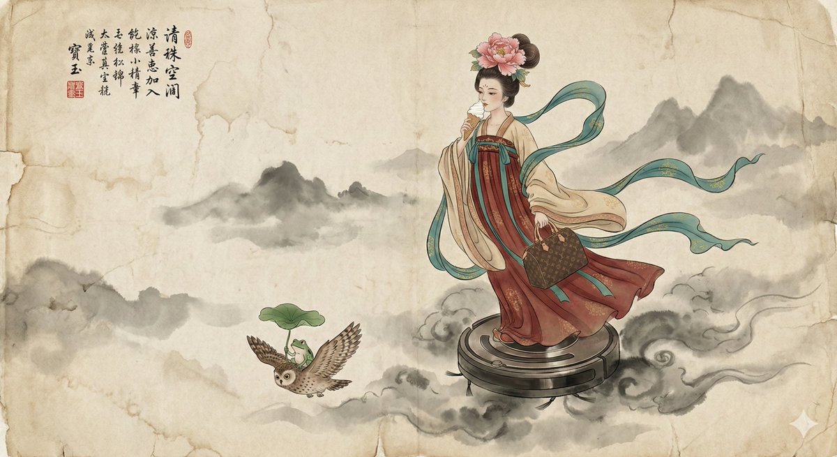 A traditional Chinese Gongbi ink-and-color scene on aged, textured rice paper featuring a Tang-robed fairy riding a flying robotic vacuum through misty mountains. Surreal modern details include a vanilla ice cream cone, a Louis Vuitton monogram handbag, and an owl carrying a frog with a lotus-leaf umbrella, finished with calligraphy and the red seal “寶玉”.