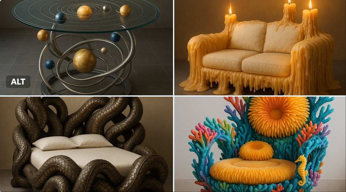 Design a functional, ergonomic piece of furniture shaped like an animal, object, or concept with organic flowing forms and museum-quality sculptural presence.