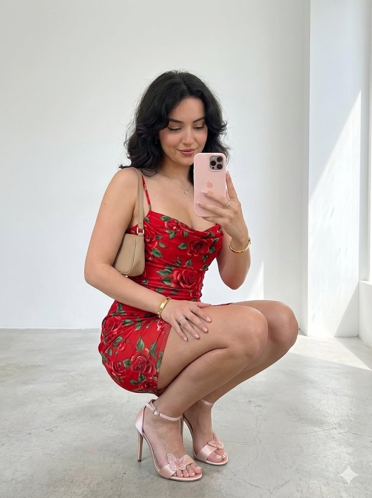 A wide-angle 9:16 mirror selfie shot on a smartphone, featuring a relaxed woman holding her phone near her face and a shoulder bag, styled in a cream-white short dress with pink roses and green leaves against a smooth white wall with soft side-window daylight.