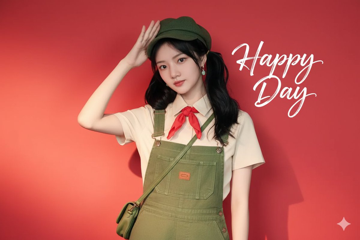Create a fresh retro-style portrait while keeping the subject’s facial features and pose unchanged. Style the outfit with a green newsboy cap and overalls, add “Happy Day” calligraphy in the upper right, and use soft, even lighting on a bright red backdrop.