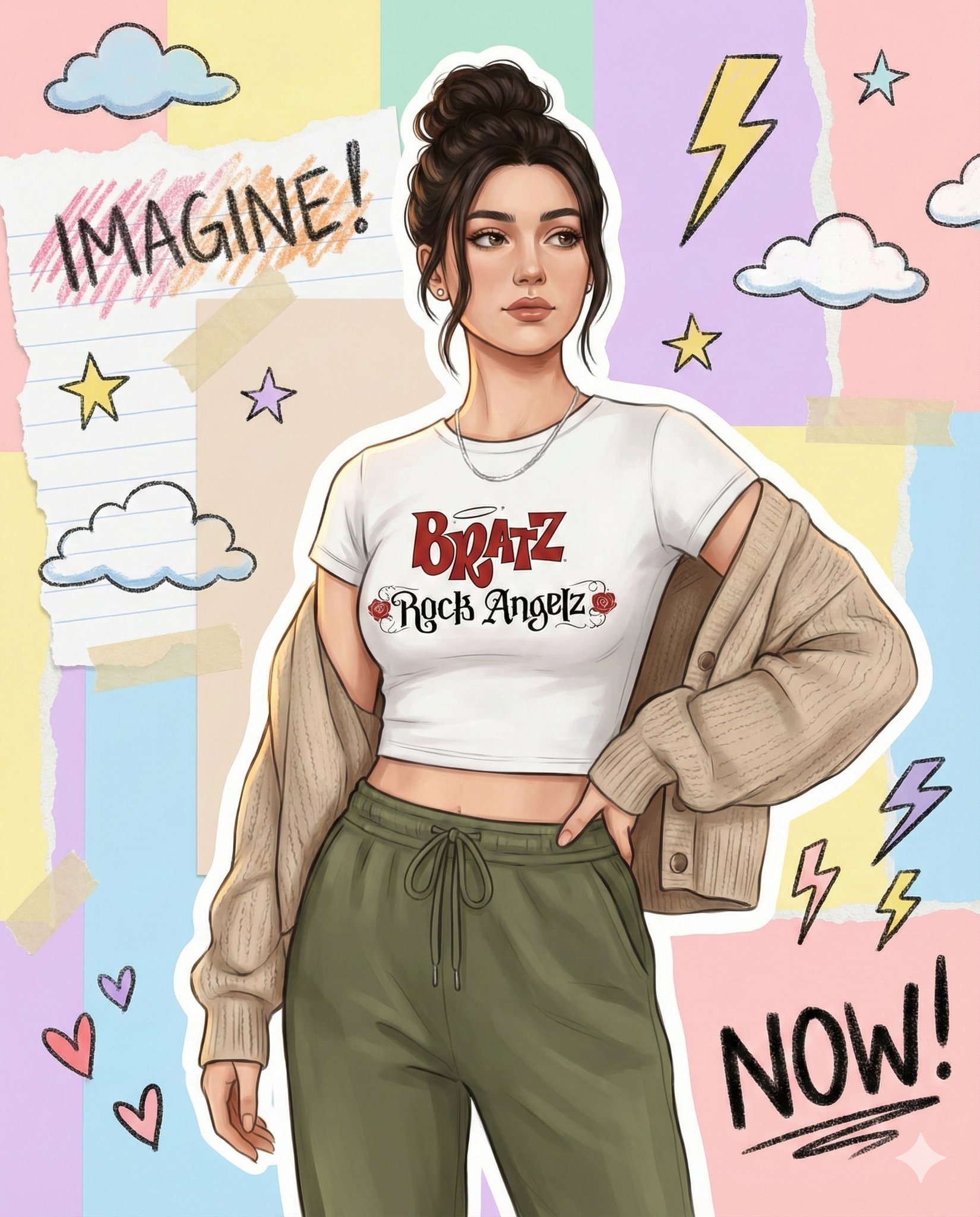 Create an ultra high-resolution semi-realistic illustrated full-body portrait with the subject’s face preserved 100% identical to the reference photo, set against a vibrant scrapbook collage background with torn paper, tape, pastel blocks, doodles, and handwritten text.