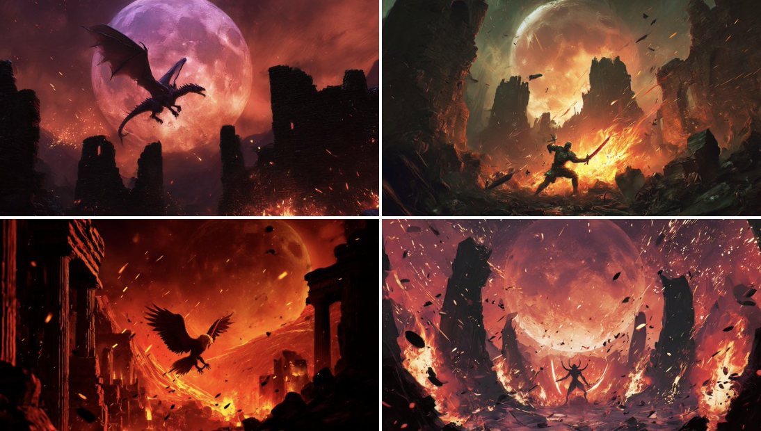 Create an intense, epic cinematic painting of a duel amid crumbling ruins under a colossal blood moon, with ambient sparks and firelit shadows in an ancient valley.