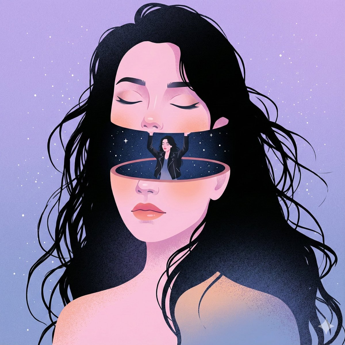 A dreamy surreal digital illustration of a young woman whose head is split open, revealing a starry cosmic interior where a tiny version of herself lifts the upper half. Rendered in modern flat style with soft pastels and retro grain texture.