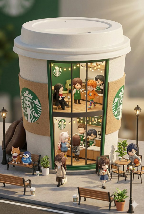 A 3D chibi-style Starbucks mini concept store inspired by iconic brand products and packaging, rendered in a miniature city diorama aesthetic. Features a two-story storefront with floor-to-ceiling windows, warm afternoon lighting, and cute mini characters in branded outfits walking and resting on the street scene.