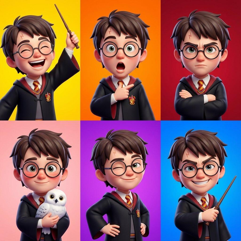 Create a 3×2 collage of six stylized 3D caricature portraits of {{NAME}}, each panel featuring a distinct expression and vibrant background with soft ambient lighting and a polished look.