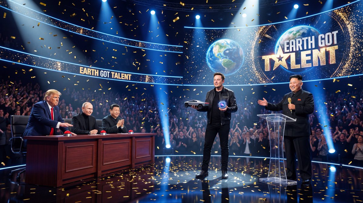 A photorealistic 21:9, 8K cinematic wide-shot of the fictional TV show “Earth Got Talent” grand finale in a sold-out Las Vegas-style arena, featuring dramatic spotlights, golden confetti, and a glossy reflective stage with a massive LED Earth logo backdrop.