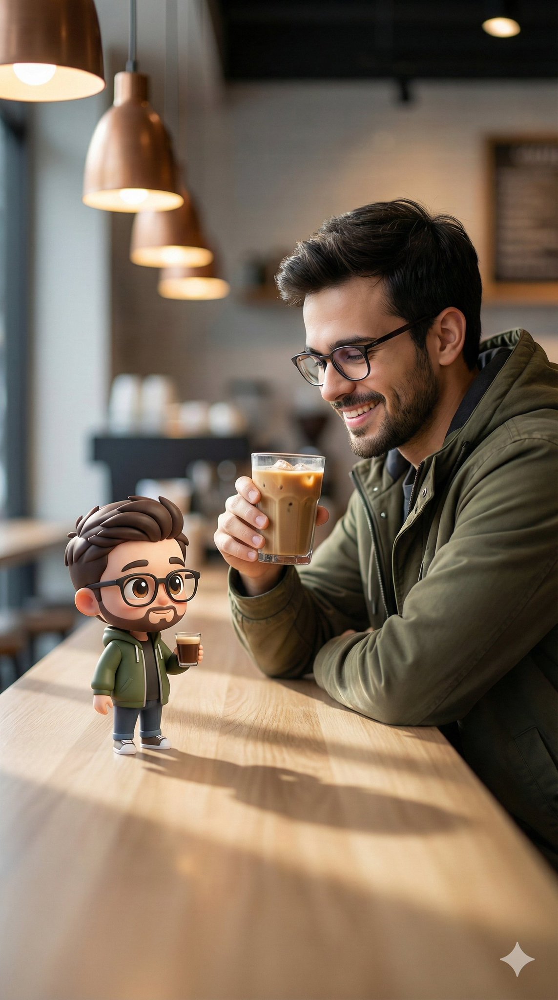 A cinematic vertical café portrait featuring a smiling young man holding iced coffee, with a matching 3D chibi model posed on the table. Warm pendant lights, wooden interior, and shallow depth of field blend realistic photography with a stylized clay/plastic character.