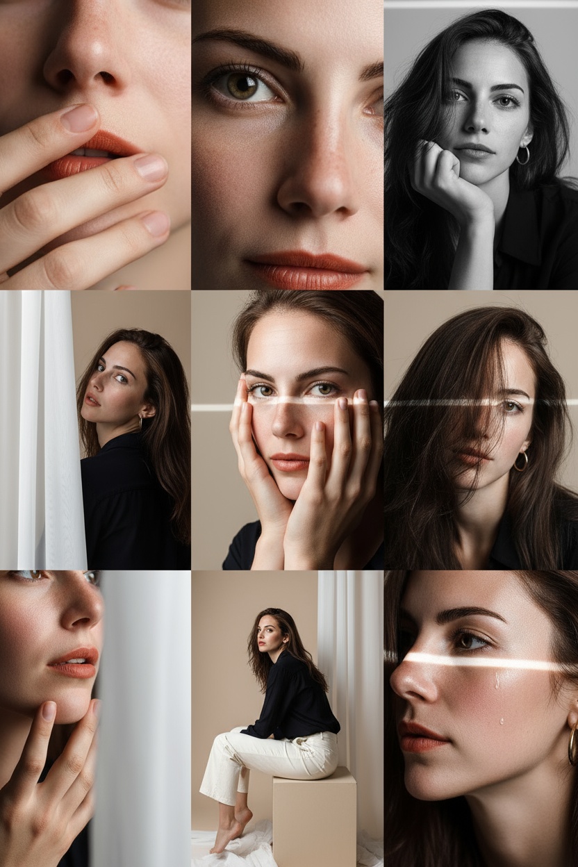 Create an intimate, introspective 3x3 editorial portrait grid in a clean soft beige studio with muted professional grading, smooth tonal contrast, and subtle cinematic grain.