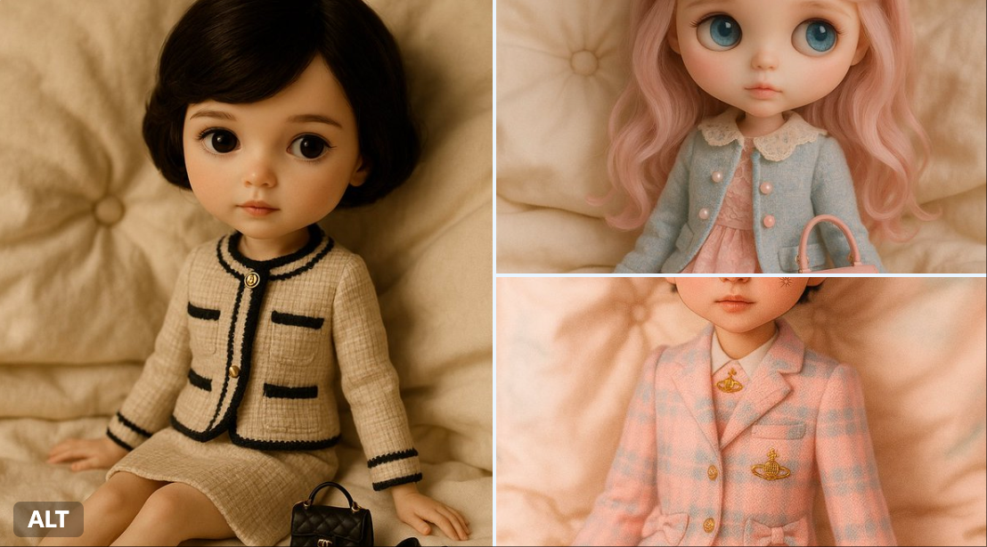 Create a luxury, studio-lit fashion photograph of a branded fashion doll posed on a cream-colored plush bed. The scene uses a warm, diffused ivory palette with a dreamy, vintage-inspired editorial mood and shallow depth of field.