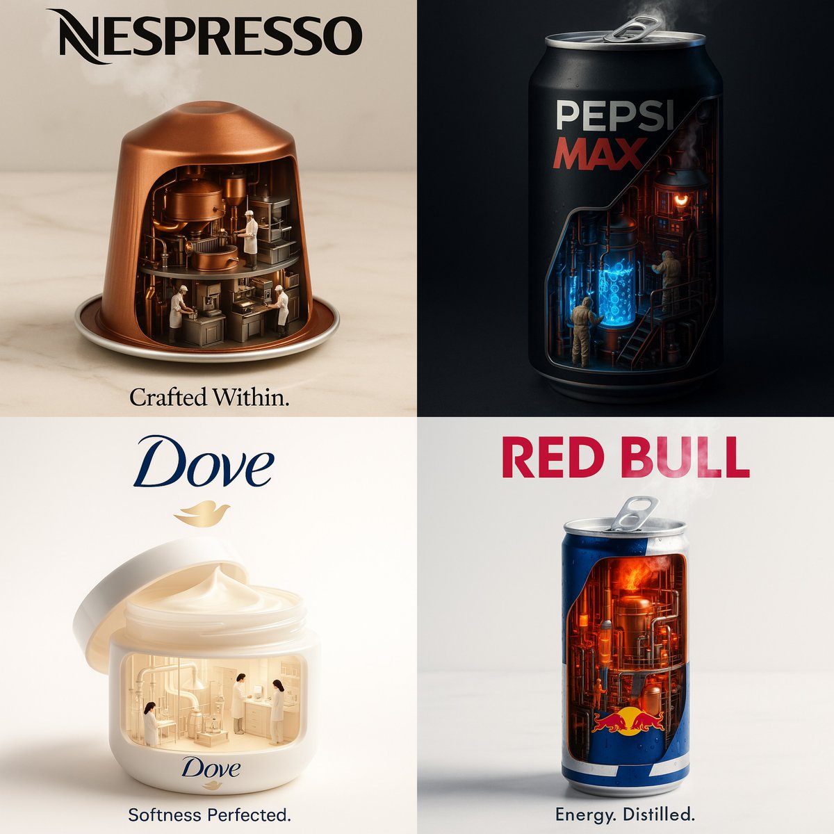 Create a 1:1 hyperrealistic, surreal brand advertisement where the product’s interior becomes a miniature working factory or laboratory, while the outer branding stays crisp and realistic. Use a minimal cinematic background with the logo on top and a short powerful slogan on the bottom.