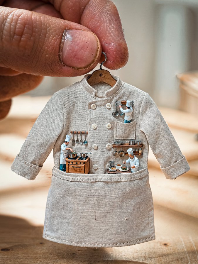 A whimsical, extremely detailed miniature diorama of a tiny chef’s jacket held between human fingers, revealing microscopic chefs at work inside a scaffolded interior. Shot as realistic miniature photography with soft diffused lighting and warm wood-toned background.