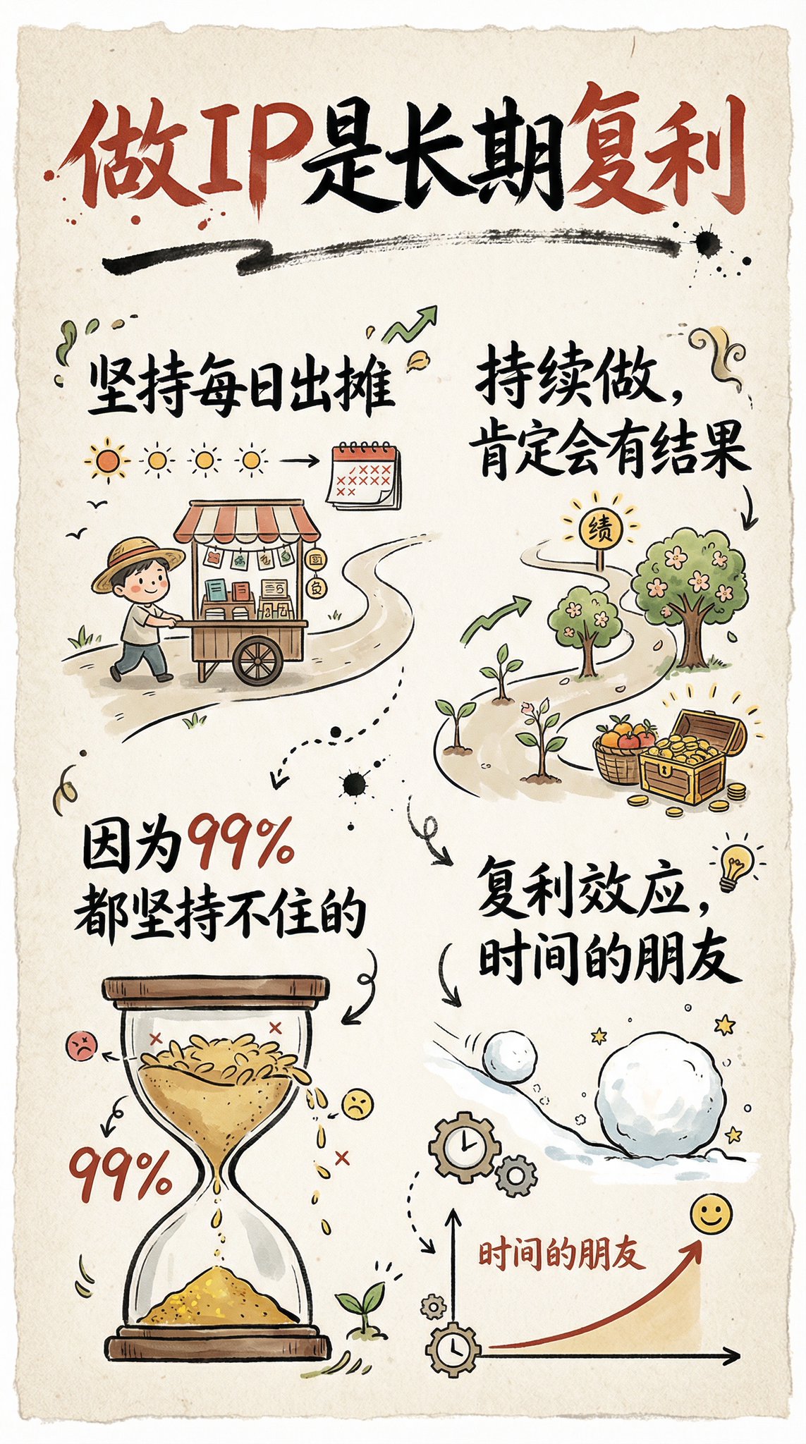 Create a 9:16 vertical hand-drawn infographic card on a beige, paper-textured background, featuring a bold red-and-black Chinese cursive brush title and 2–4 clear sections of concise calligraphic phrases with simple illustrations.