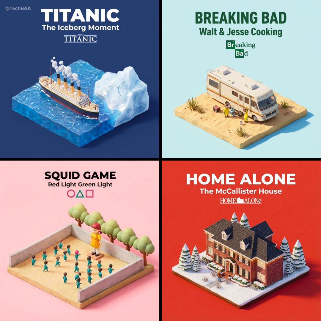 Create a centered 45° top-down isometric miniature 3D cartoon diorama of an iconic movie/show scene with refined textures, PBR materials, and gentle lifelike lighting, plus matching title text and official logo on a solid background.