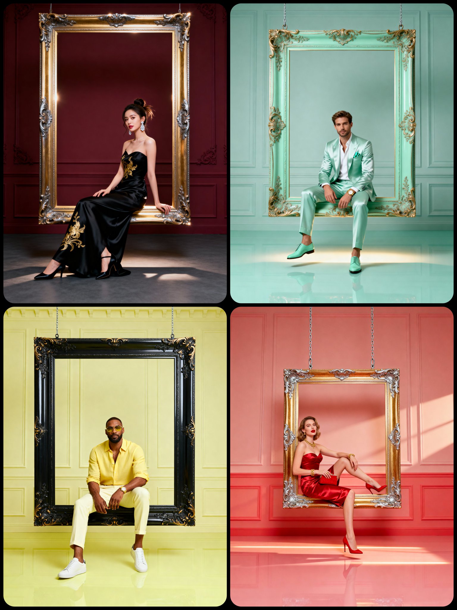 Create a luxurious high-fashion full-body portrait with a centered, symmetrical editorial composition, featuring the subject seated beneath an ornate floating rectangular frame in an elegant studio setting.