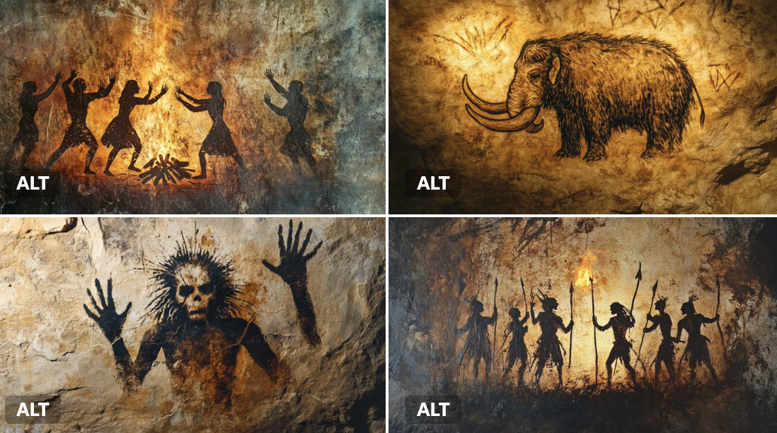 Create a primal cave wall painting rendered with primitive ochres and charcoal lines on rough stone, enhanced by smudged handprints, crude geometry, and flickering torchlight.
