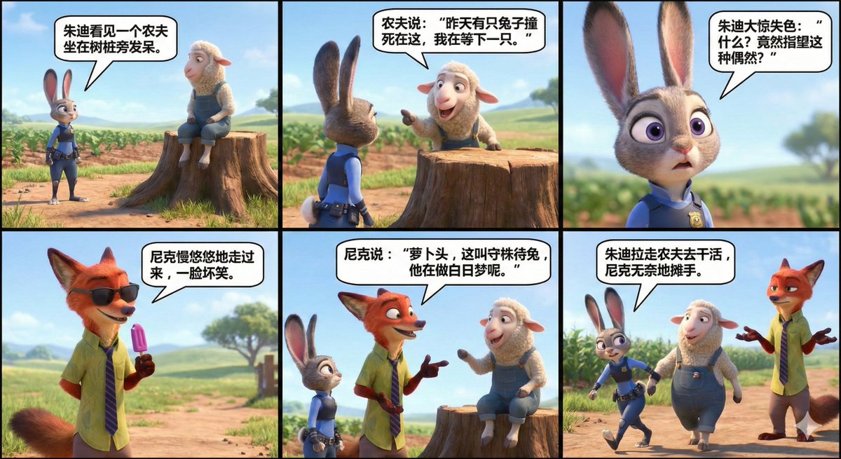 Create a six-panel 3D animated-style comic featuring Officer Judy Hopps and Nick Wilde meeting a sheep farmer who waits by a tree stump, illustrating the classic “waiting for a rabbit” lesson.