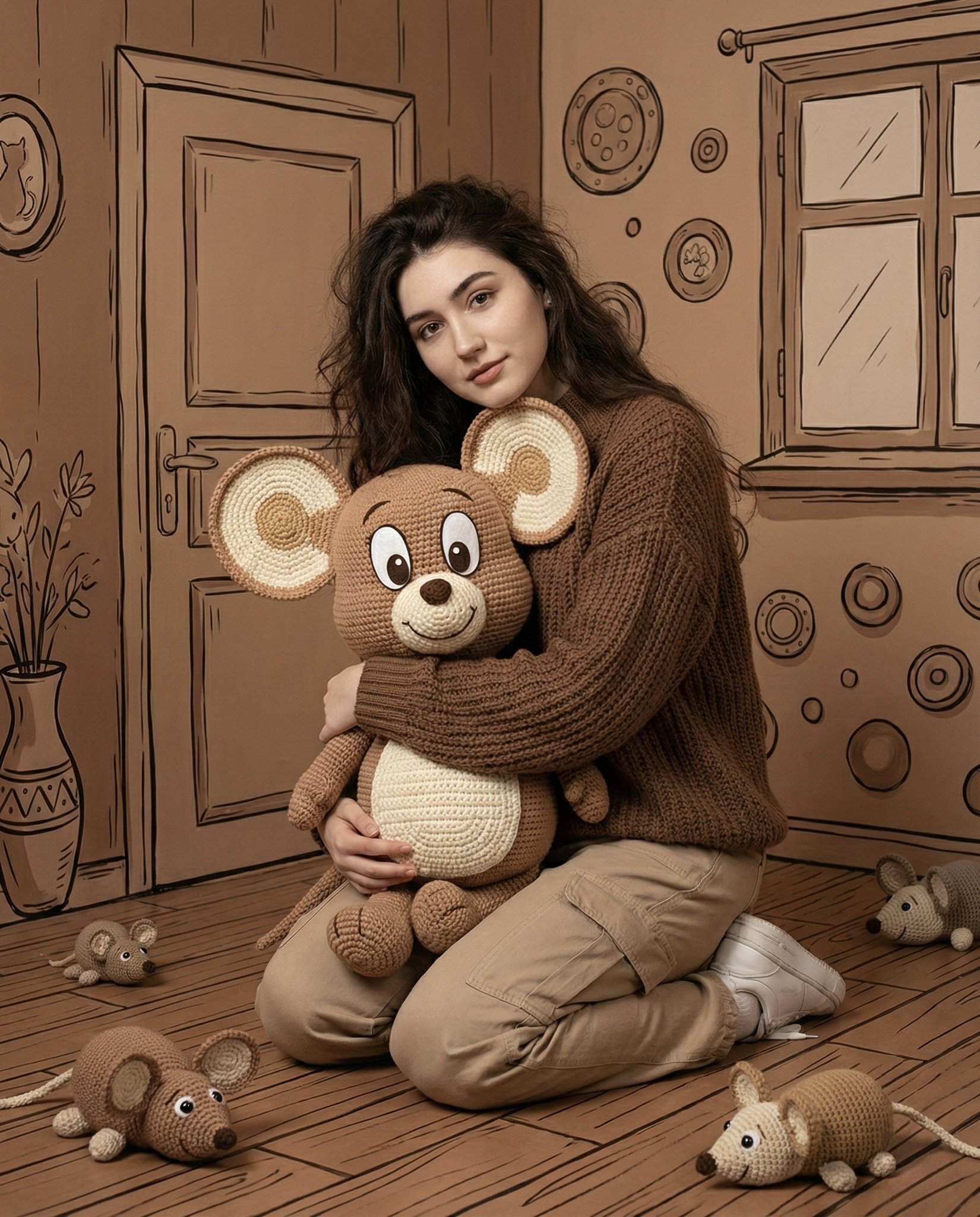 A beautiful young woman kneels in a cozy monochrome brown, hand-sketched cartoon-style room while hugging a large crocheted plush mouse. Ultra-detailed crochet and knit textures are rendered in a hyper-realistic photographic style with warm interior lighting.