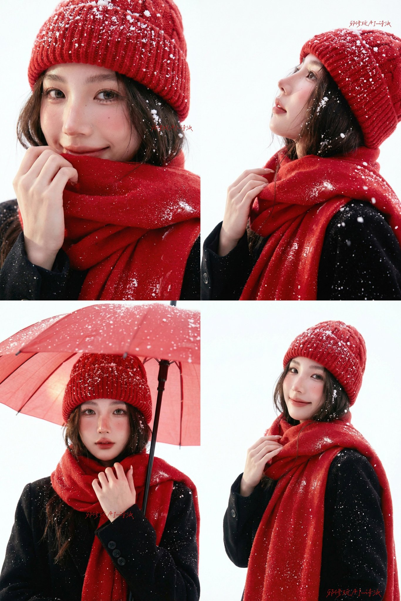 High-end studio portrait featuring a young Asian woman styled for a Christmas winter theme against a pure white seamless backdrop with soft professional lighting and falling snowflakes.