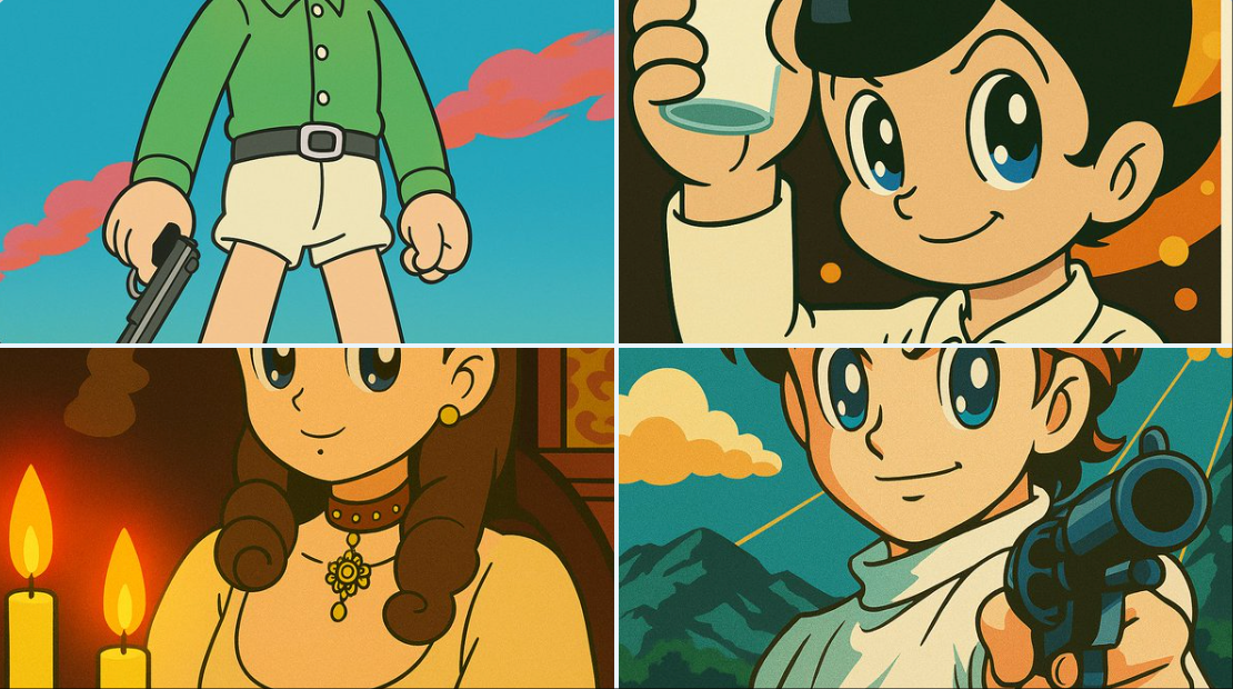 Transform an uploaded image into a vintage 1960s Tezuka-inspired anime frame with big rounded eyes, clean linework, smooth color fills, and an optimistic futuristic mood.