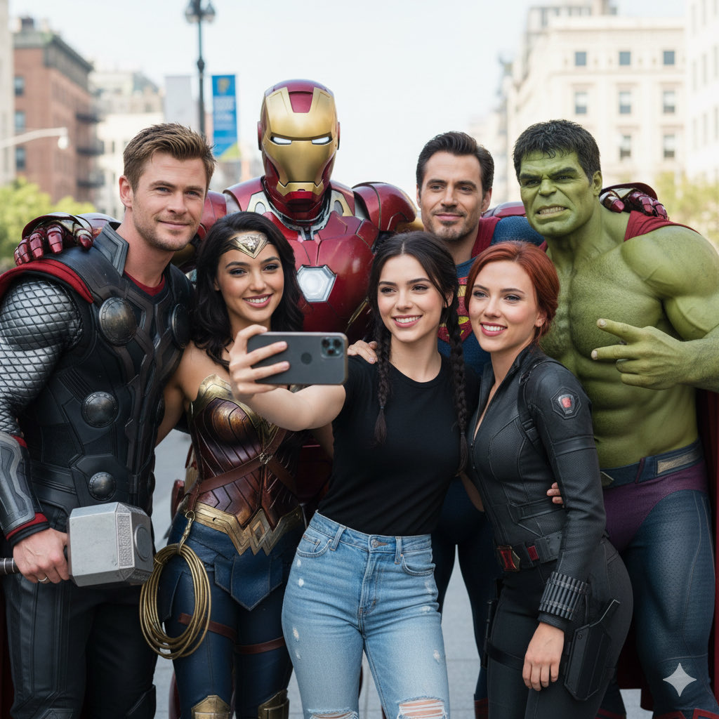 Create an ultra-realistic group selfie featuring the person from your uploaded photo at the center, surrounded by iconic superheroes hugging and smiling in bright daylight.