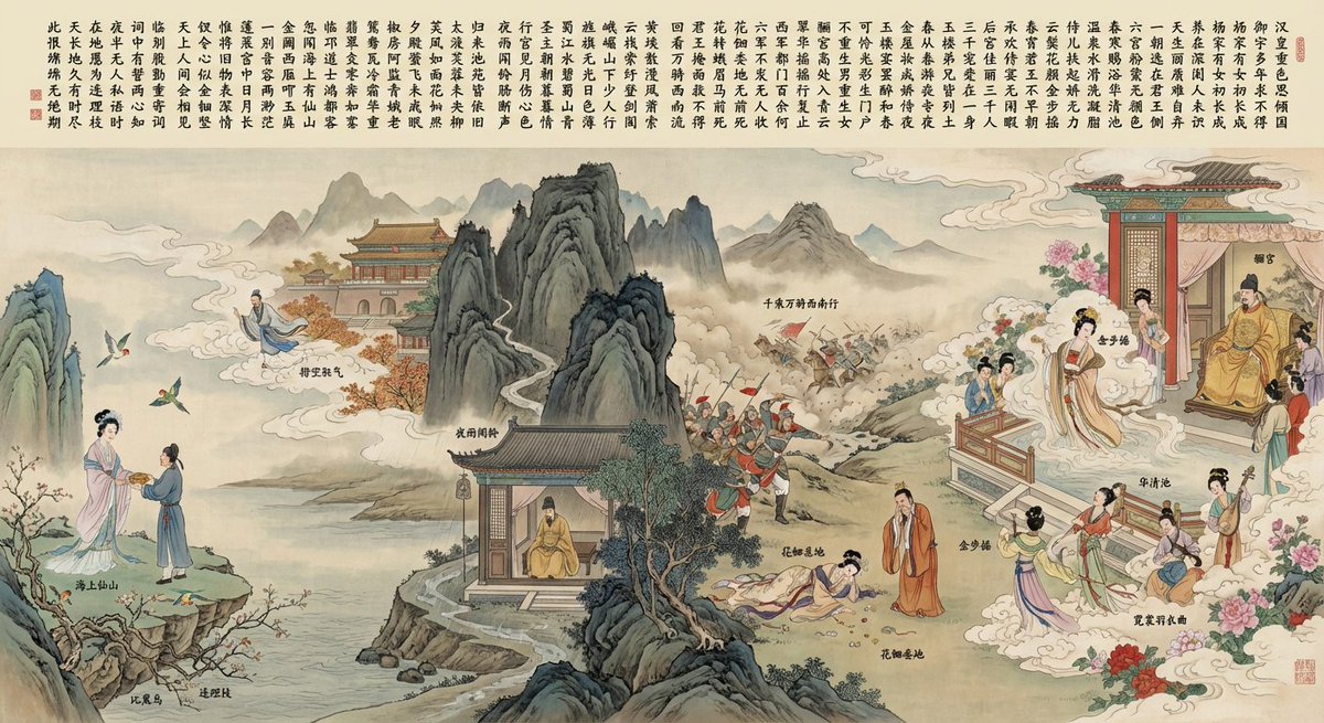 Create an illustration inspired by the provided long classical Chinese poem and include the poem’s original text alongside the artwork.