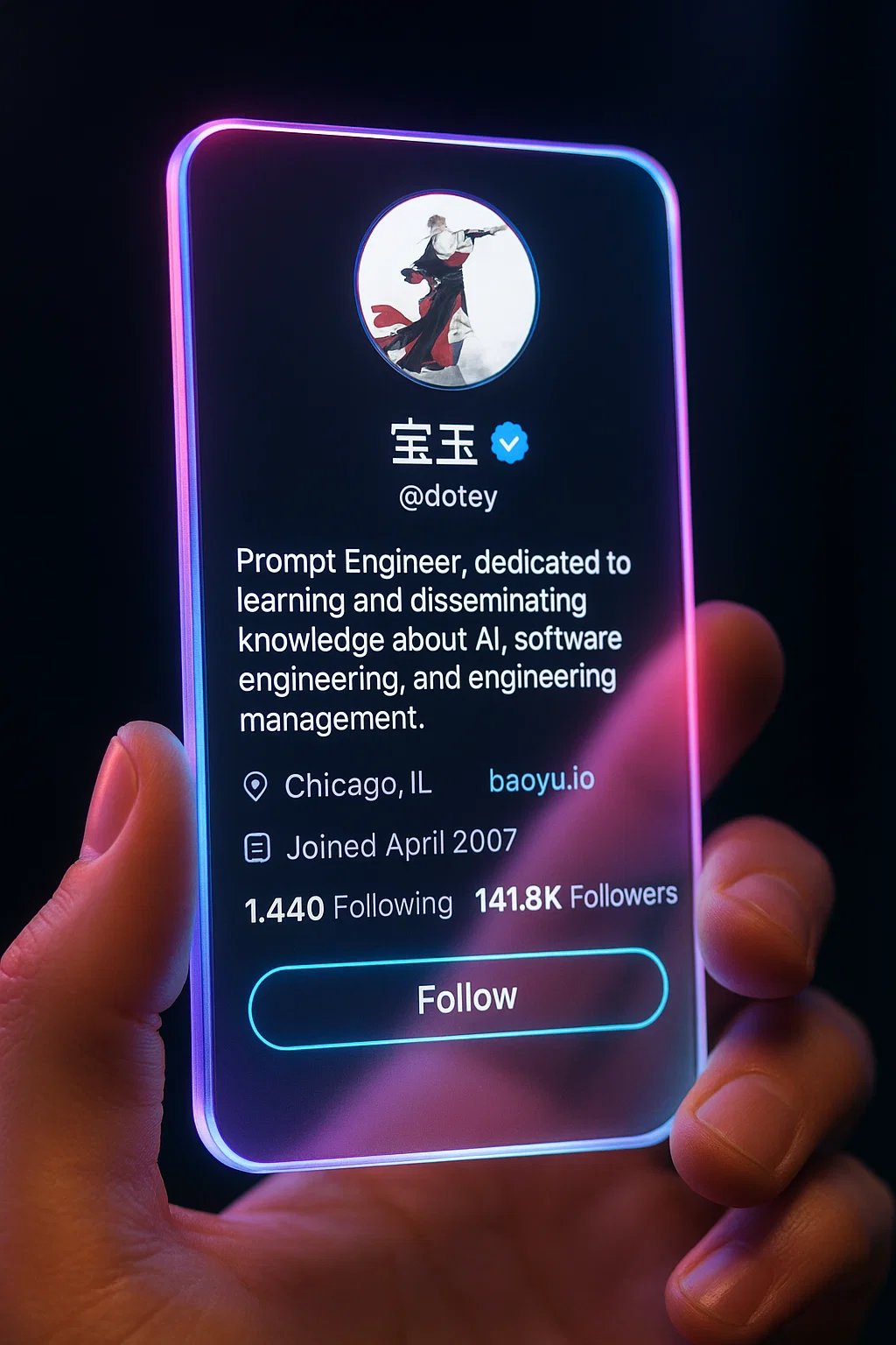 A realistic 9:16 vertical photo of a hand holding a translucent acrylic card that displays a futuristic social media profile UI with no banner or background image. The card has rounded edges and a soft pink–purple–blue neon glow against a dark, blurred backdrop for a cinematic holographic atmosphere.