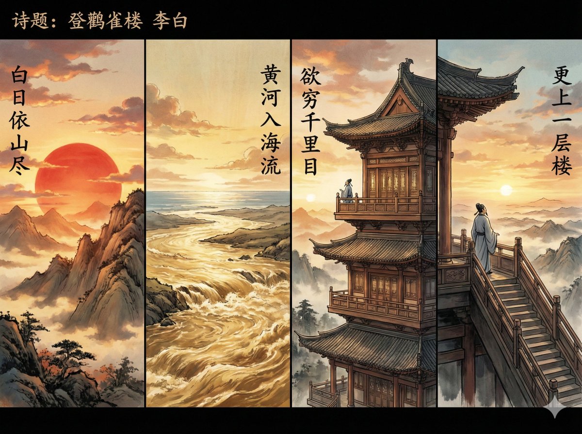 Create a cohesive four-panel panoramic visual composition where each panel illustrates one line of the quatrain from “Ascending the Stork Tower,” with the title and author embedded in Chinese characters within the scenes.