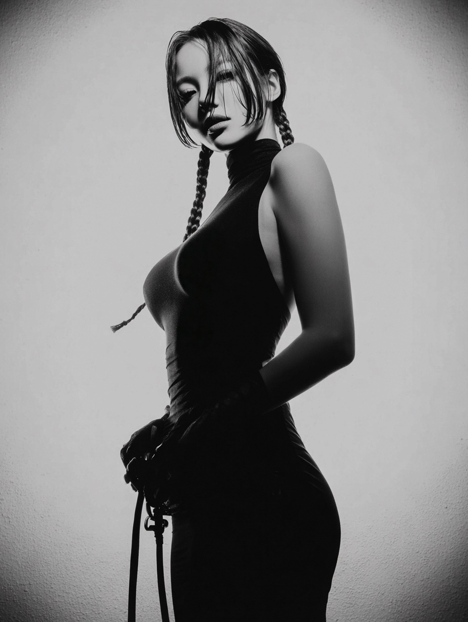 A confident woman in a minimalist studio is captured in a low-angle half-body portrait with dramatic single key light, strong rim lighting, and a cinematic noir mood. The styling features a tight black sleeveless dress, black leather gloves, and braided pigtails with subtle wet-hair texture.