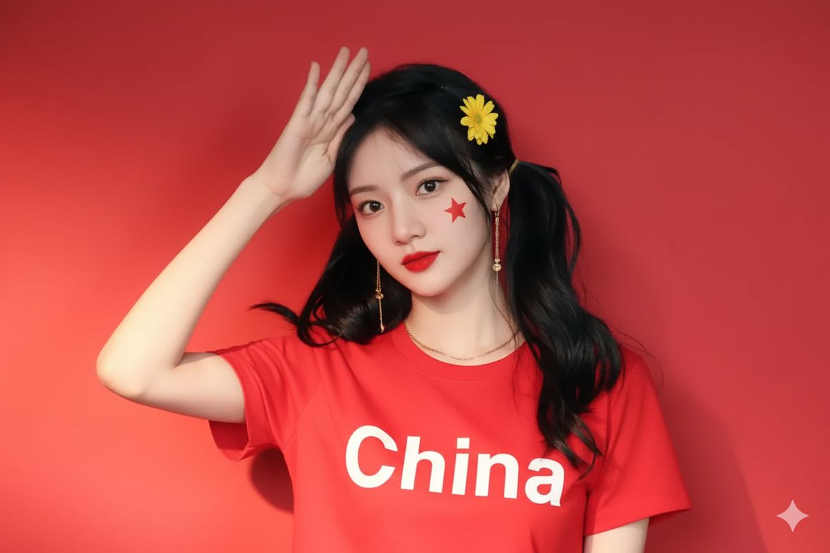 High-detail portrait selfie featuring a red T-shirt with white “China” text, yellow flowers in the hair, and a red five-pointed star on the right cheek against a solid red background.
