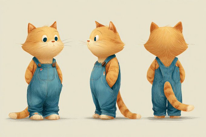 Create a cute anthropomorphic animal mascot shown in triple view (front-left, front, and back) with a plump body, expressive face, and a defined clothing style. Rendered in a clean 2D animation cartoon style with bold lines, flat shading, subtle gradients, and a light neutral background.