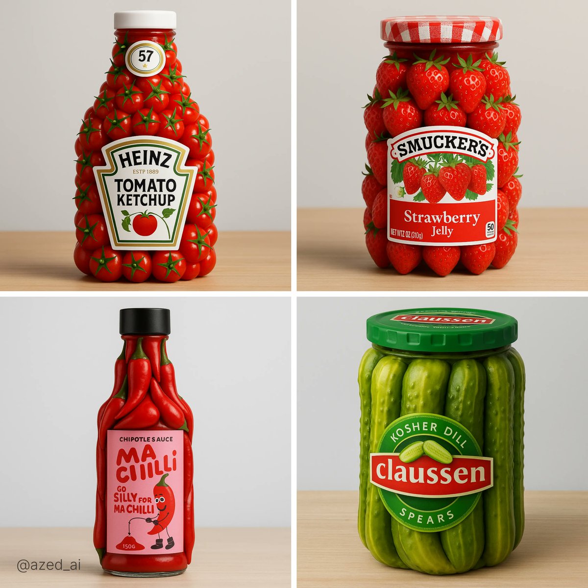 Create a professional 1:1 studio product photo of a branded bottle or jar sculpted entirely from fresh ingredients, complete with a detailed front label. Set on a natural wooden surface with a clean soft light gray background, soft shadows, and vibrant glossy textures.