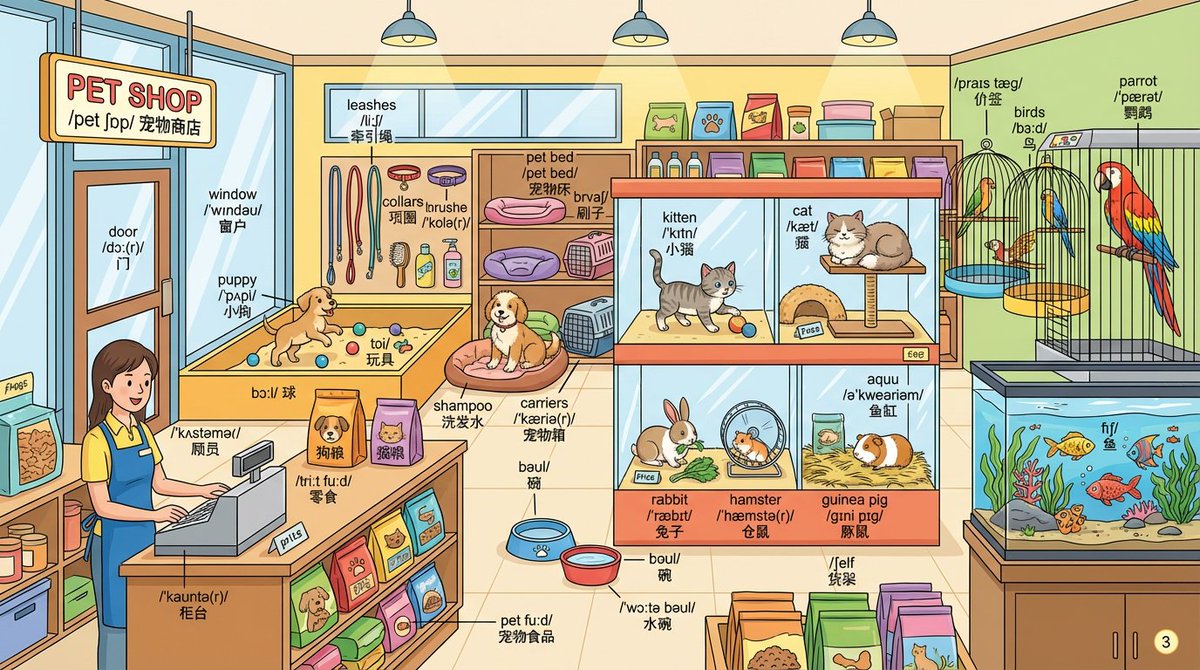 Create a detailed pet store landscape scene and label every visible object with its English name, IPA pronunciation, and Chinese translation.