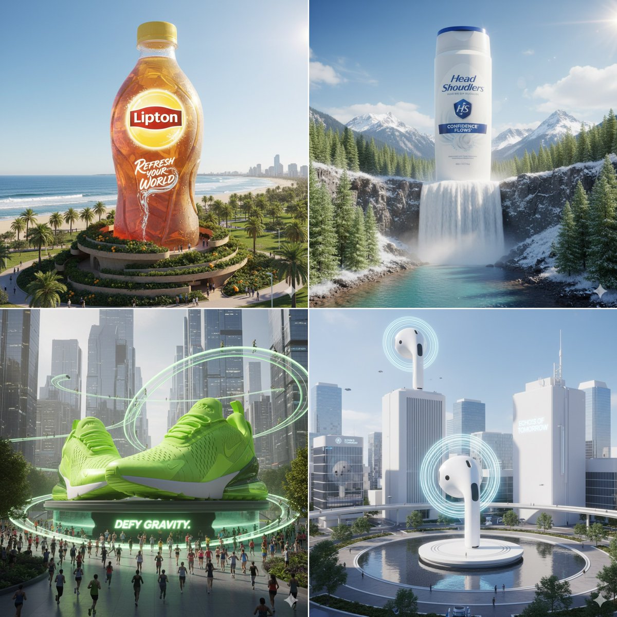 Create an ultra-realistic CGI scene of a giant product seamlessly integrated into a matching real-world city or nature environment, with cinematic composition, natural shadows, and photorealistic reflections. Includes neutral high-Kelvin sunlight, HDR 8K DSLR quality, a clearly visible brand logo, and a slogan adapted to the product’s character.