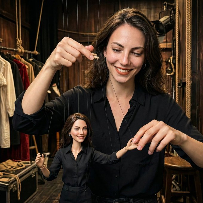 A person in the attached image moves a marionette copy of themselves with their fingers in a theater backstage dressing room. The scene emphasizes self-manipulation and theatrical behind-the-scenes atmosphere.
