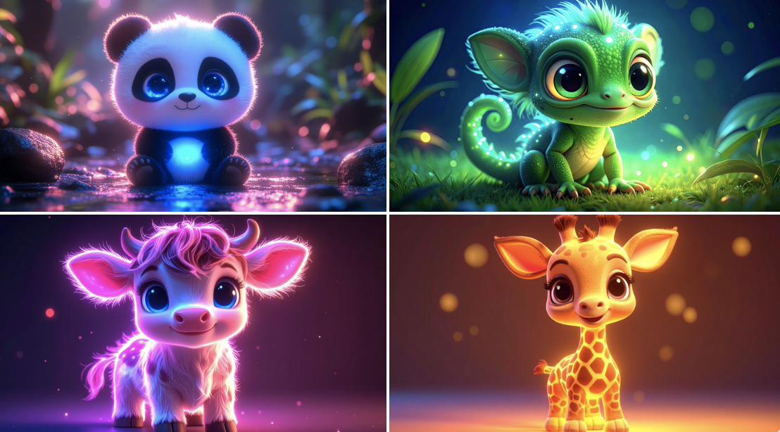 Create a bioluminescent cute animal character in kawaii chibi style with a {{COLOR}} neon backlit glow, big bright eyes, and a high-definition 3D cartoon look.