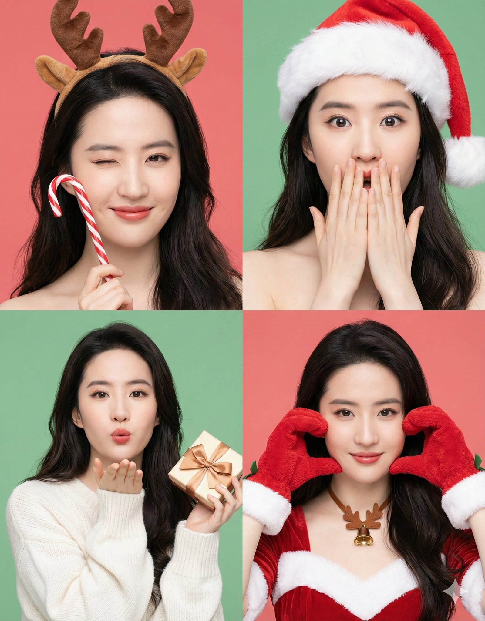 Create a photorealistic 4-panel split-screen studio collage featuring the same female character in every panel, styled with classic Christmas accessories and cute expressions. Bright, high-key lighting and pastel red or green studio backdrops deliver a vibrant Korean photobooth commercial photography look.