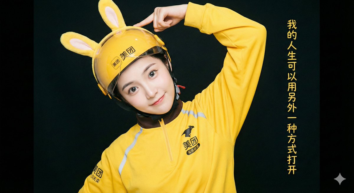 A bright studio half-body portrait of a playful East Asian girl wearing a full yellow food-delivery uniform with a logo, touching the yellow bunny ears on her helmet. Soft, even commercial lighting and a dark background highlight the subject, with a vertical text line on the far right reading “My life can be opened in another way.”