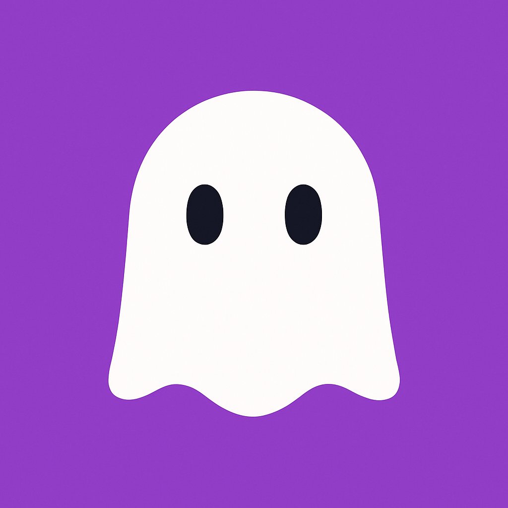 A centered, close-up flat vector illustration of a cute white cartoon ghost with simple black oval eyes floating on a bright purple background. Designed like a modern app icon or logo with clean lines, solid color blocks, and sharp high-resolution edges.
