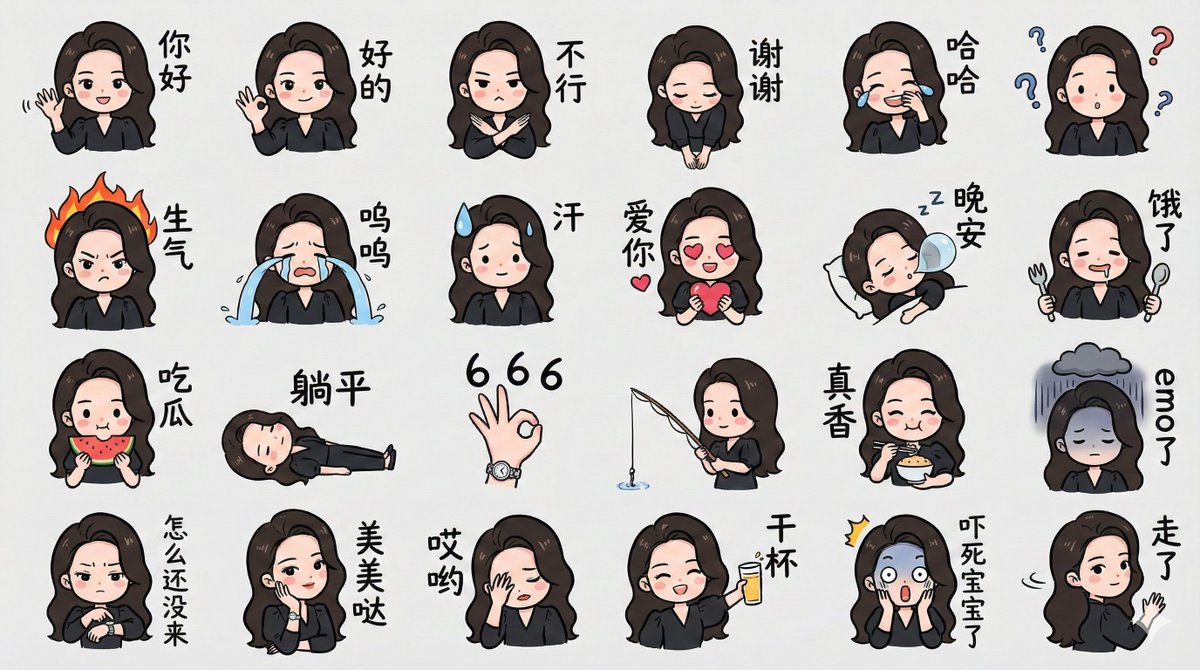 Create a colorful, hand-drawn LINE-style chibi half-body emoji pack based on the character in the provided image, with the correct headwear. Arrange a 4x6 layout featuring common chat phrases and related entertainment memes, all labeled in handwritten Simplified Chinese, delivered in 4K 16:9.