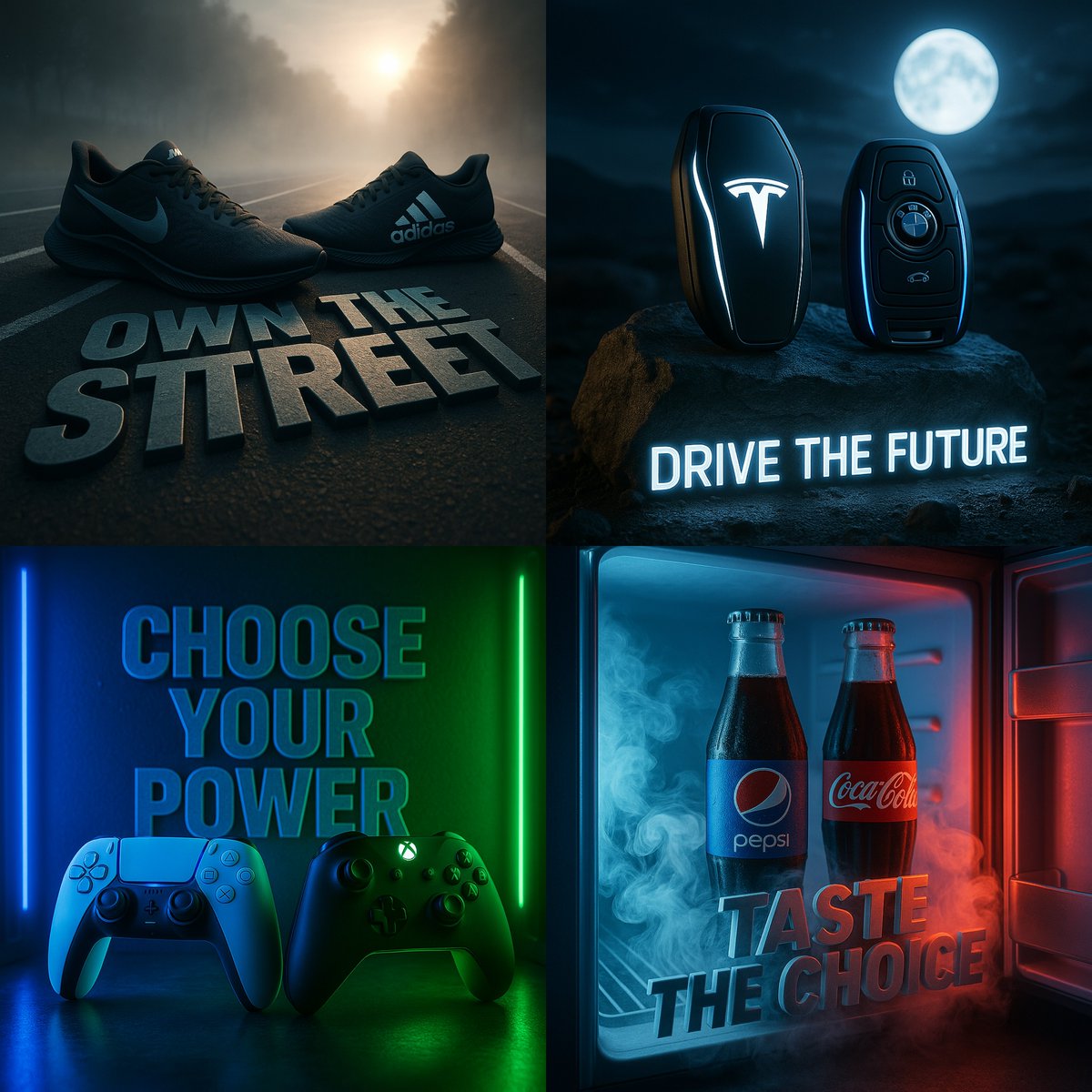 Create a dramatic, ultra-realistic 1:1 cinematic scene with two rival products side by side in a custom environment that reflects each brand’s identity, complete with atmospheric glow and bold 3D slogan typography.