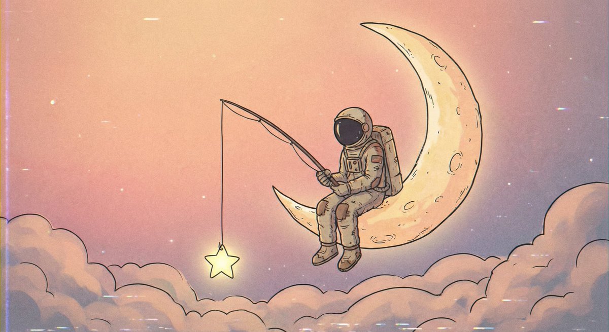 A solitary astronaut sits on the edge of a crescent moon, casting a line into the clouds to catch a glowing star in a calm, dreamy Lofi Hip Hop mood.