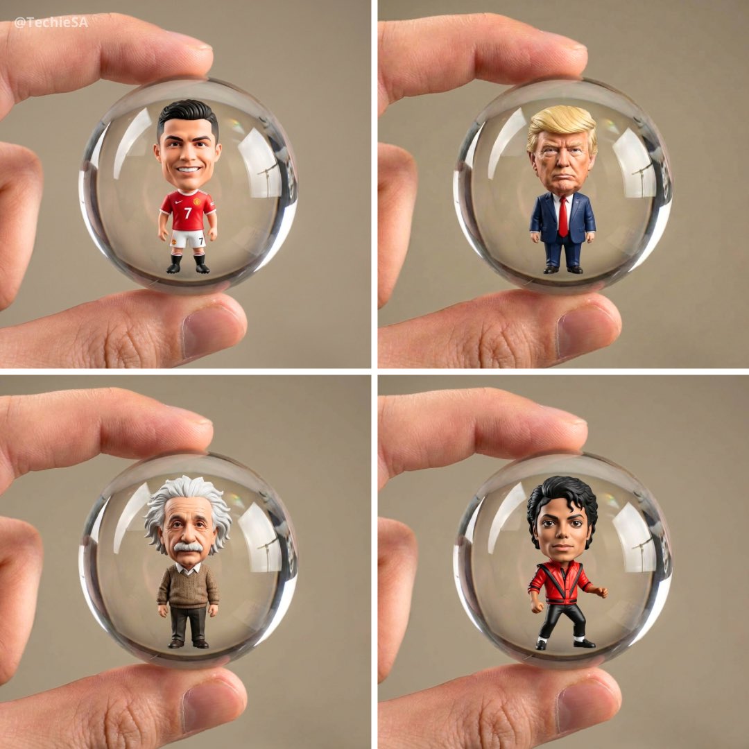 Create a photorealistic 1080x1080 portrait of a transparent glass sphere/capsule pinched between two fingers against a neutral background, containing a miniature chibi version of a named person with realistic facial features and cute proportions.